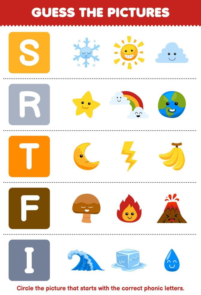 Education game for children guess the correct picture for phonic word that starts with letter S R T F and I printable nature worksheet vector
