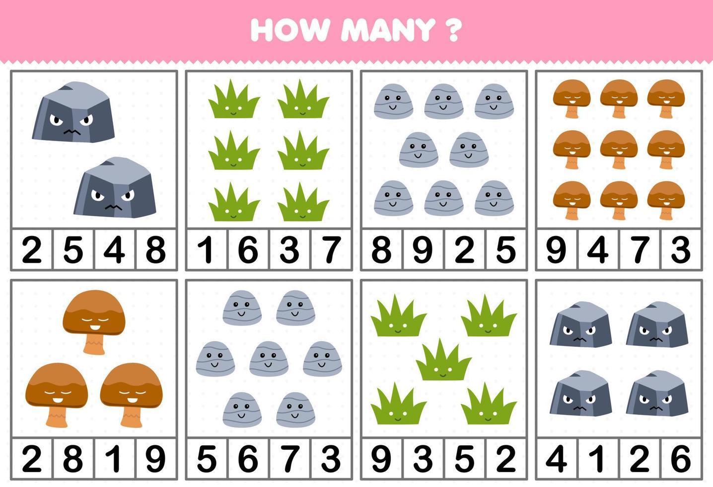 Education game for children counting how many cute cartoon stone rock grass or mushroom in each table printable nature worksheet vector