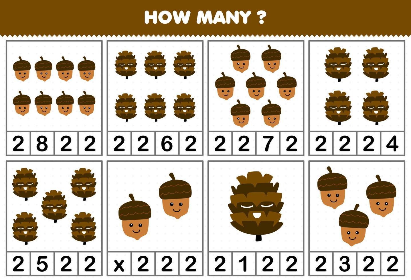 Education game for children counting how many cute cartoon acorn or pinecone in each table printable nature worksheet vector