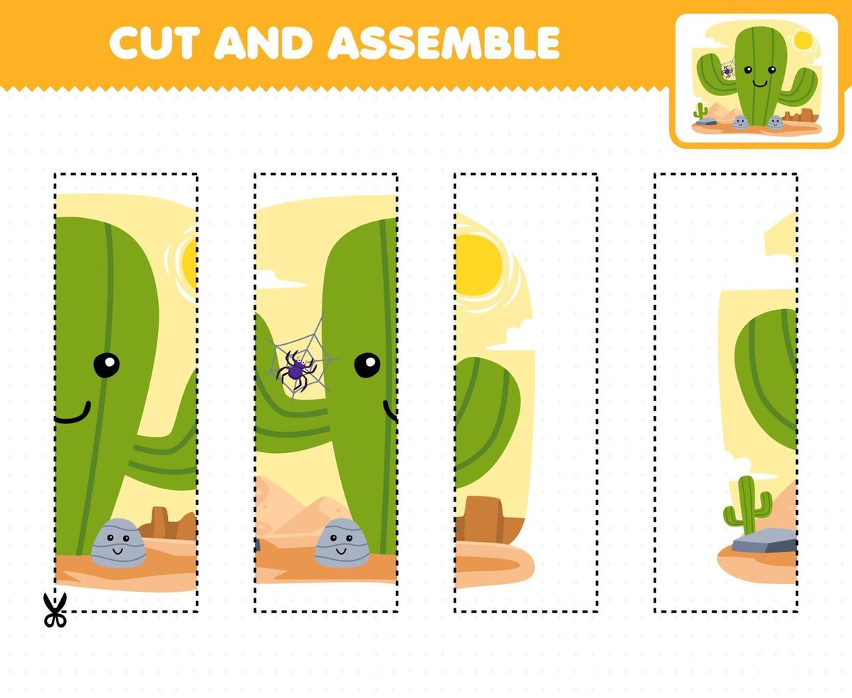 Education game for children cutting practice and assemble puzzle with cute cartoon cactus in the desert printable nature worksheet vector