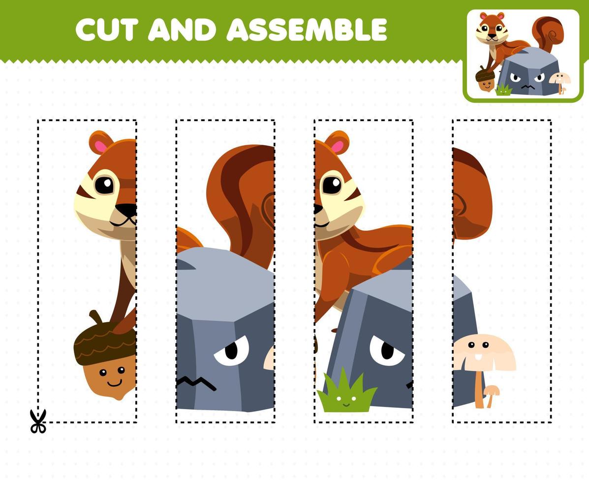 Education game for children cutting practice and assemble puzzle with cute cartoon squirrel behind the stone printable nature worksheet vector