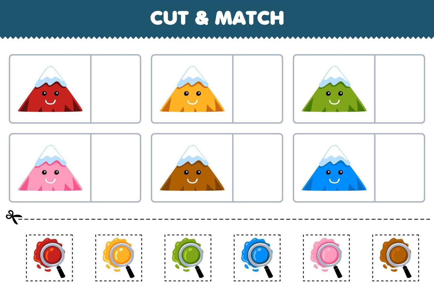 Education game for children cut and match the same color of cute cartoon mountain printable nature worksheet vector