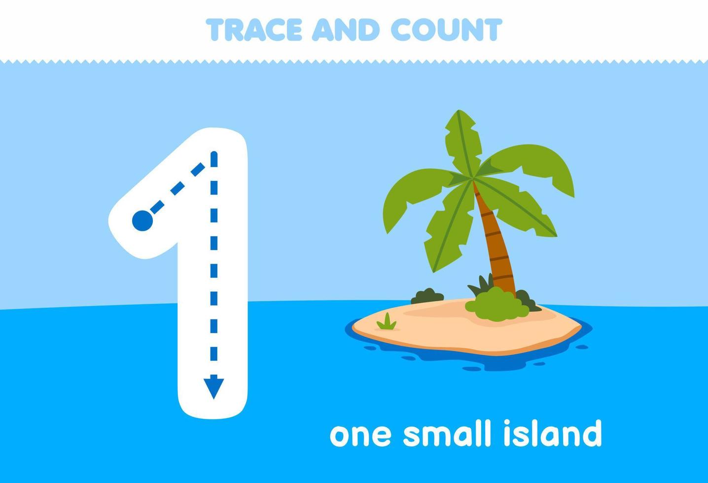 Education game for children tracing number one and counting of cute cartoon island printable nature worksheet vector