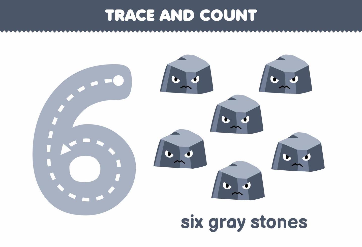 Education game for children tracing number six and counting of cute cartoon stone printable nature worksheet vector