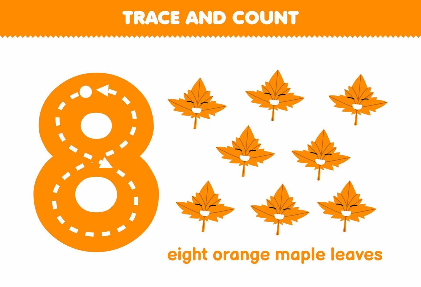 Education game for children tracing number eight and counting of cute cartoon orange maple leaf printable nature worksheet vector