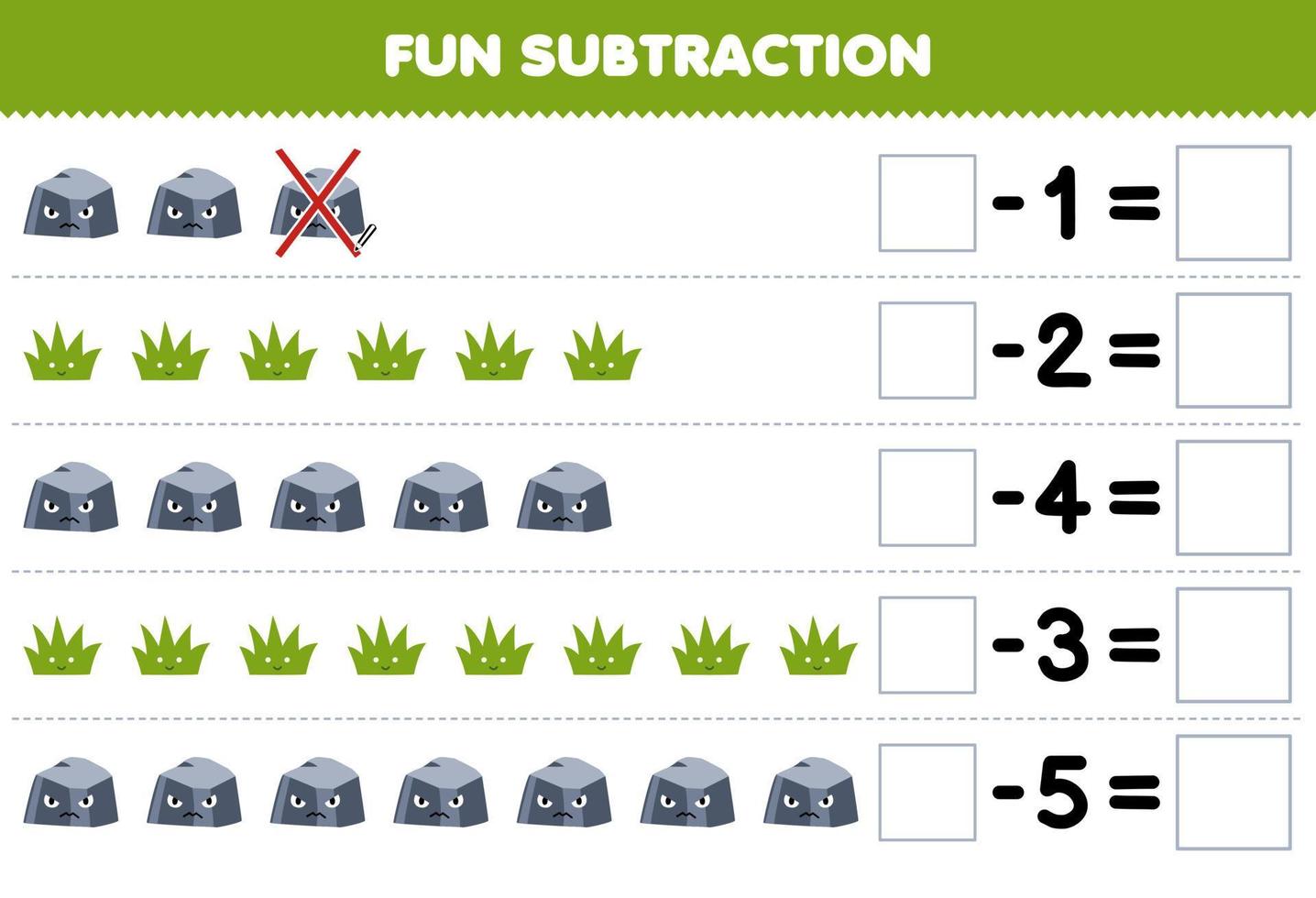 Education game for children fun subtraction by counting cute cartoon stone and grass each row and eliminating it printable nature worksheet vector