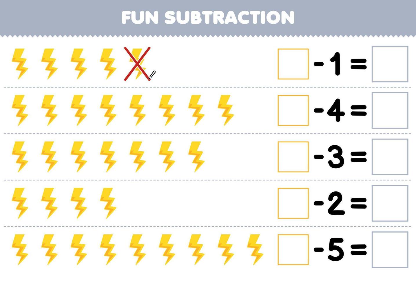 Education game for children fun subtraction by counting cute cartoon thunder each row and eliminating it printable nature worksheet vector