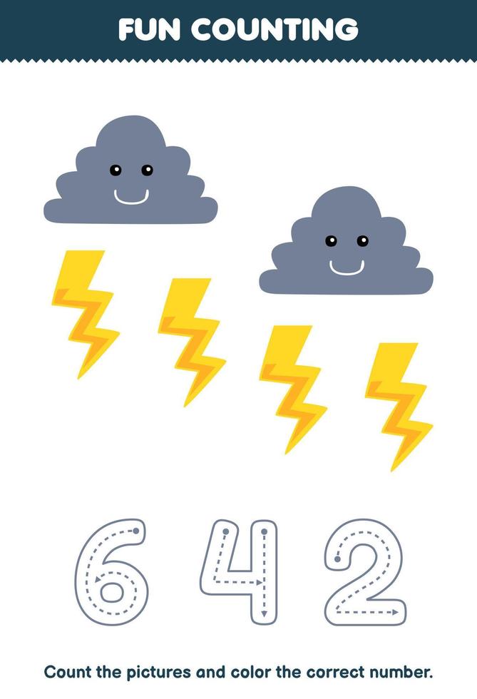 Education game for children count the pictures and color the correct number from cute cartoon cloud and thunder printable nature worksheet vector