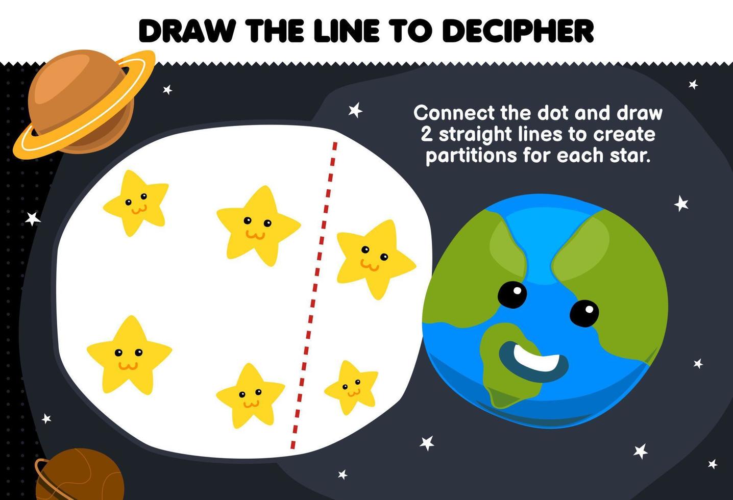 Education game for children help cute planet draw the lines to separate the star printable nature worksheet vector