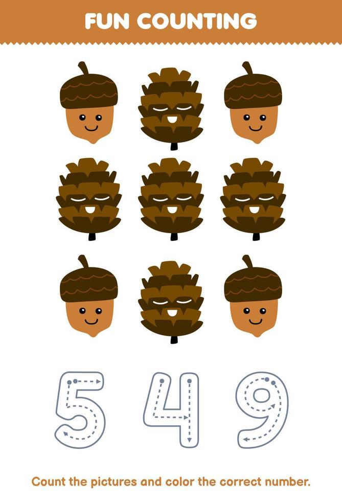 Education game for children count the pictures and color the correct number from cute cartoon acorn and pinecone printable nature worksheet vector