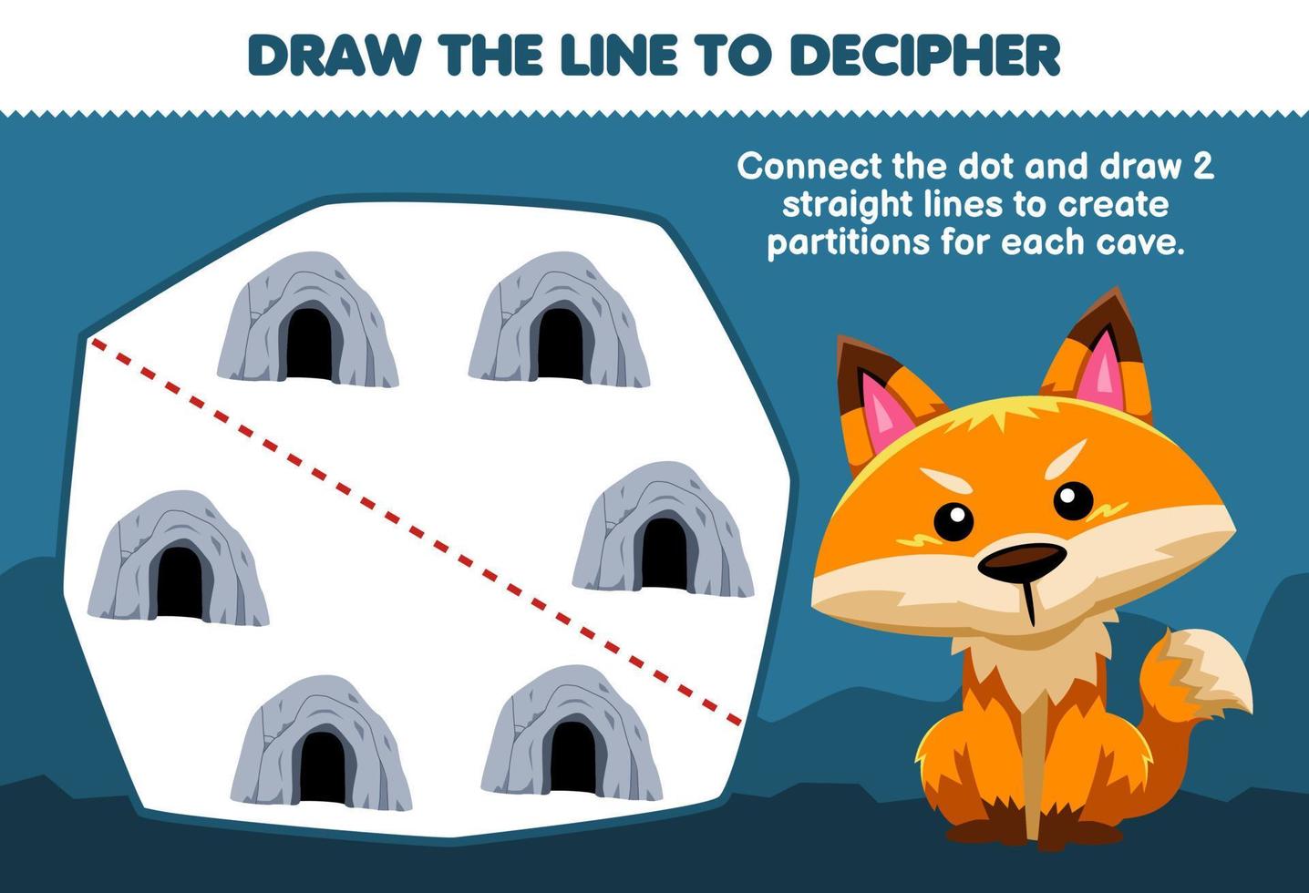 Education game for children help cute fox draw the lines to separate the cave printable nature worksheet vector