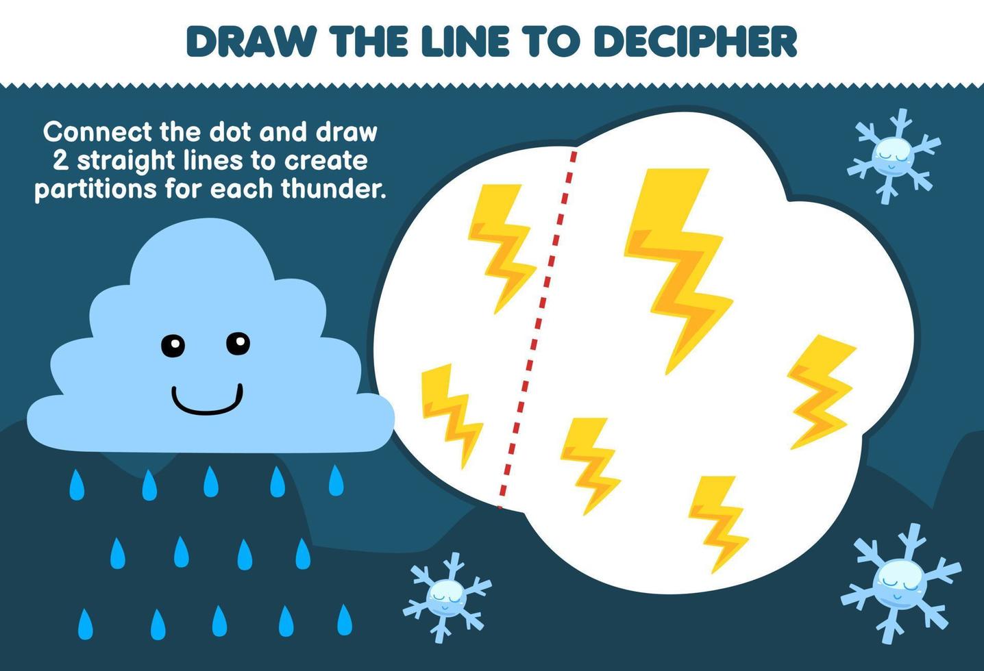 Education game for children help cute rainy cloud draw the lines to separate the thunder printable nature worksheet vector