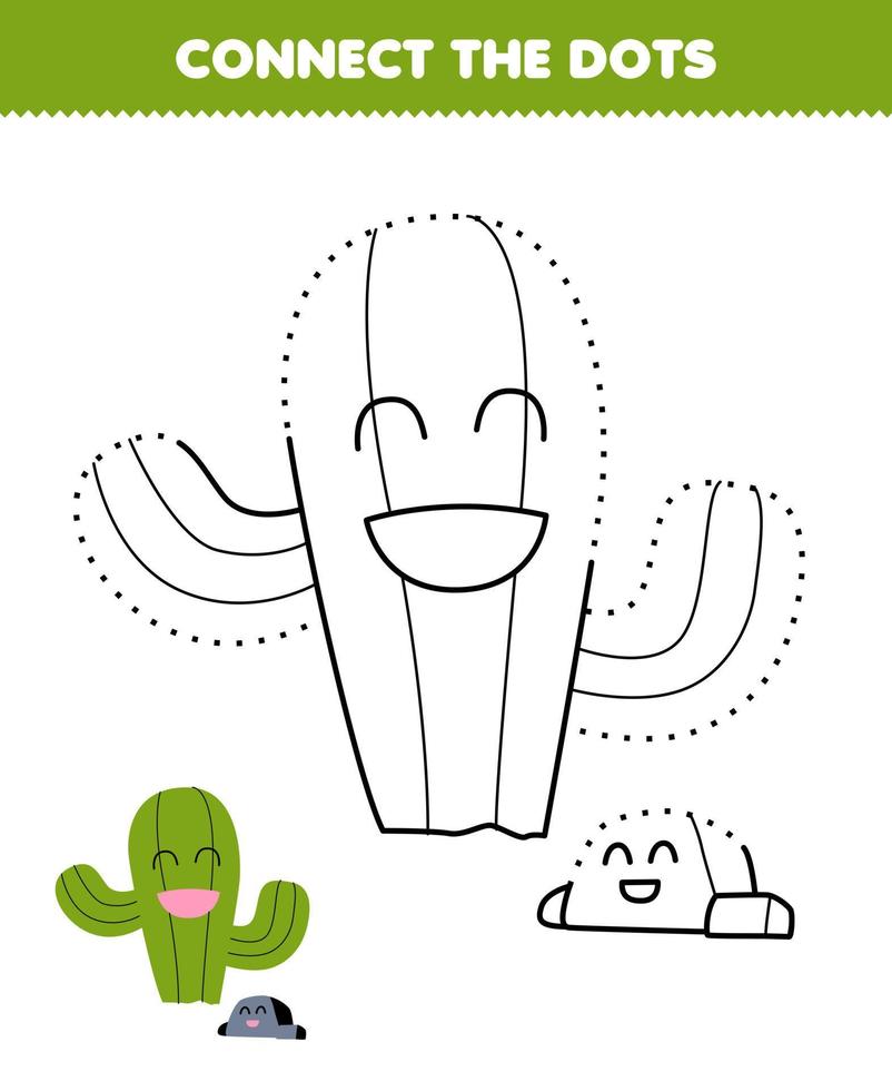 Education game for children connect the dots and coloring practice with cute cartoon cactus and rock printable nature worksheet vector