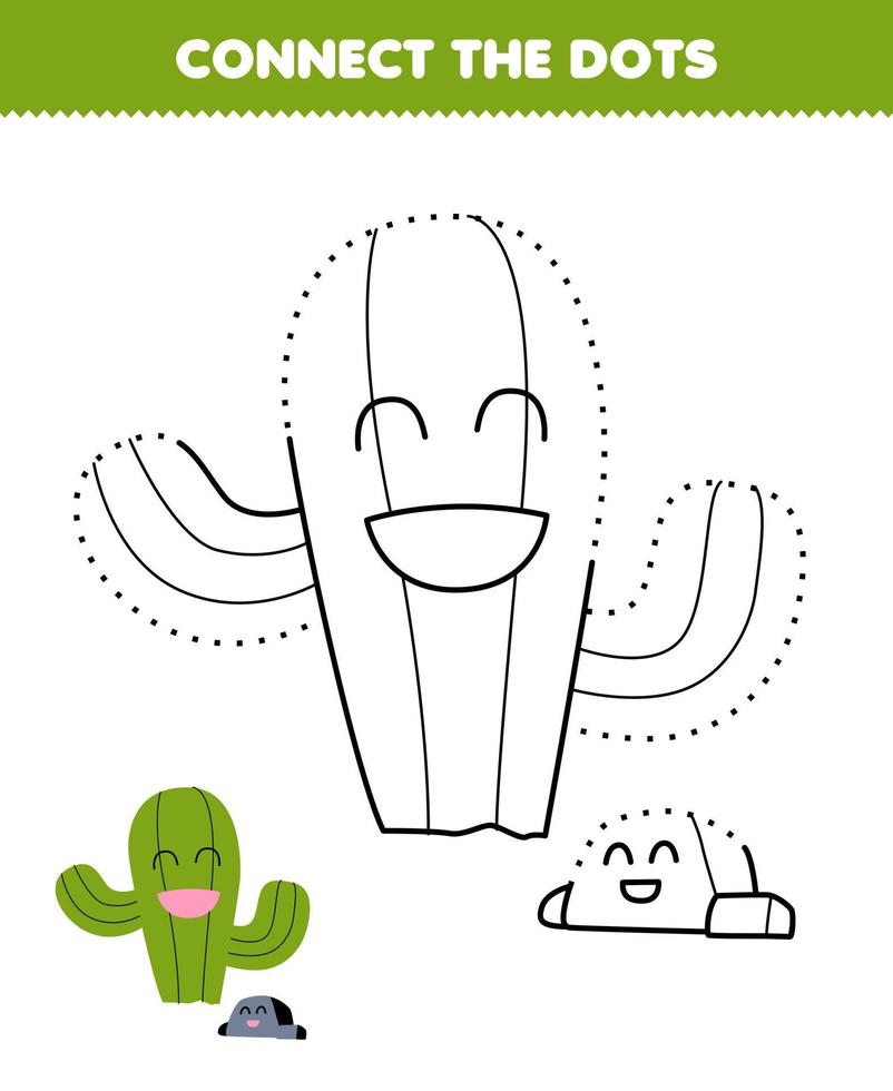 juego educativo para niños conecta los puntos y practica la coloración con un lindo cactus de dibujos animados y una hoja de trabajo de naturaleza imprimible de roca vector