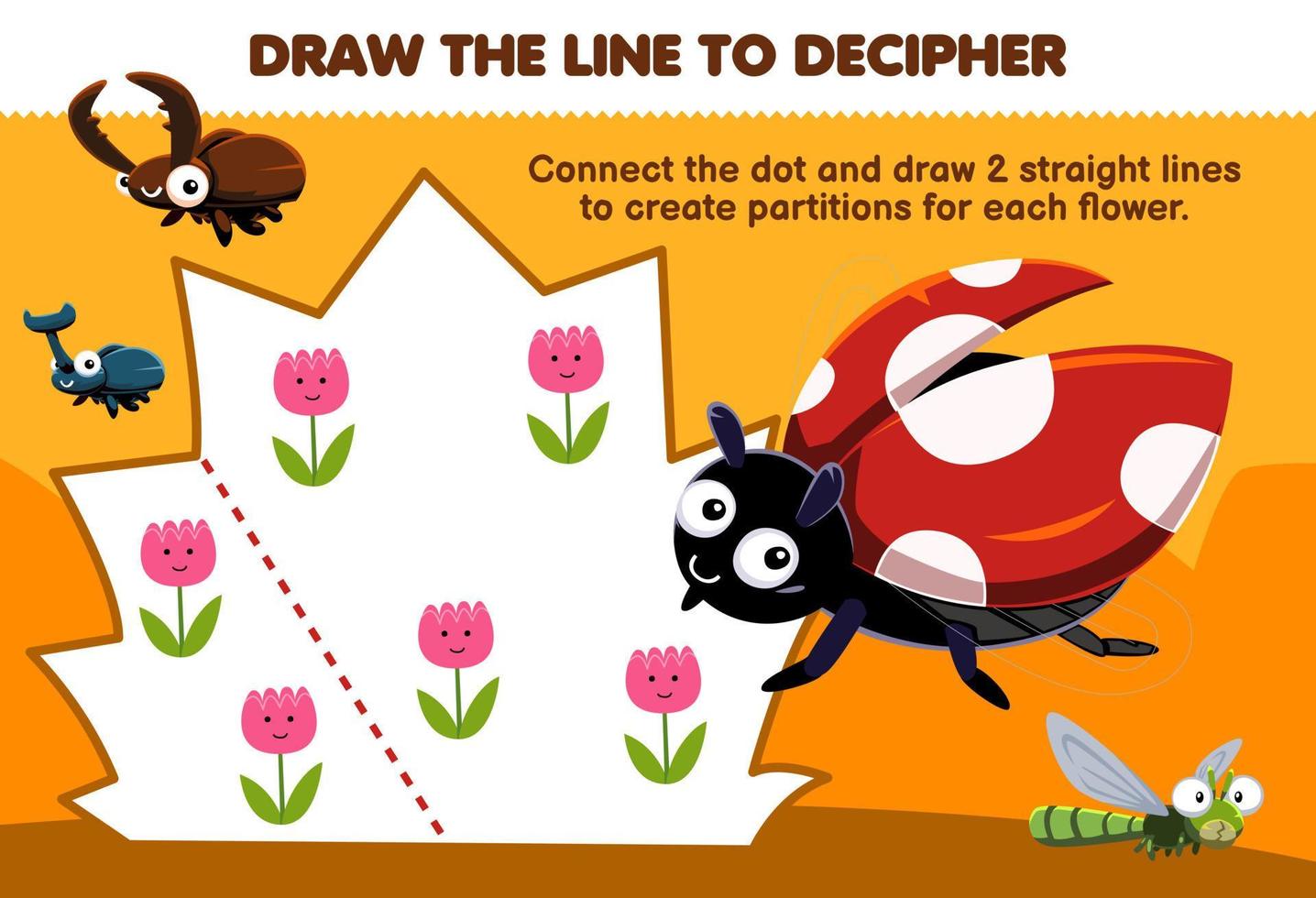 Education game for children help cute bugs draw the lines to separate the flower printable nature worksheet vector