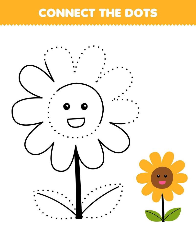 Education game for children connect the dots and coloring practice with cute cartoon flower printable nature worksheet vector