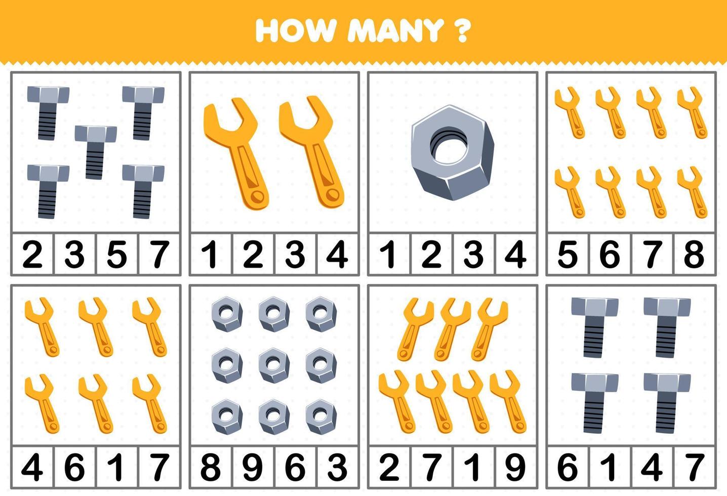 Education game for children counting how many cute cartoon nut or bolt or wrench in each table printable tool worksheet vector