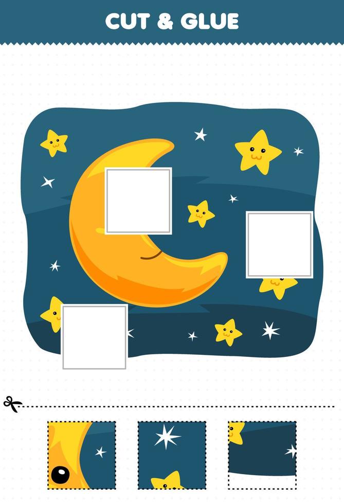 Education game for children cut and glue cut parts of cute cartoon moon surrounded by star in the night sky and glue them printable nature worksheet vector