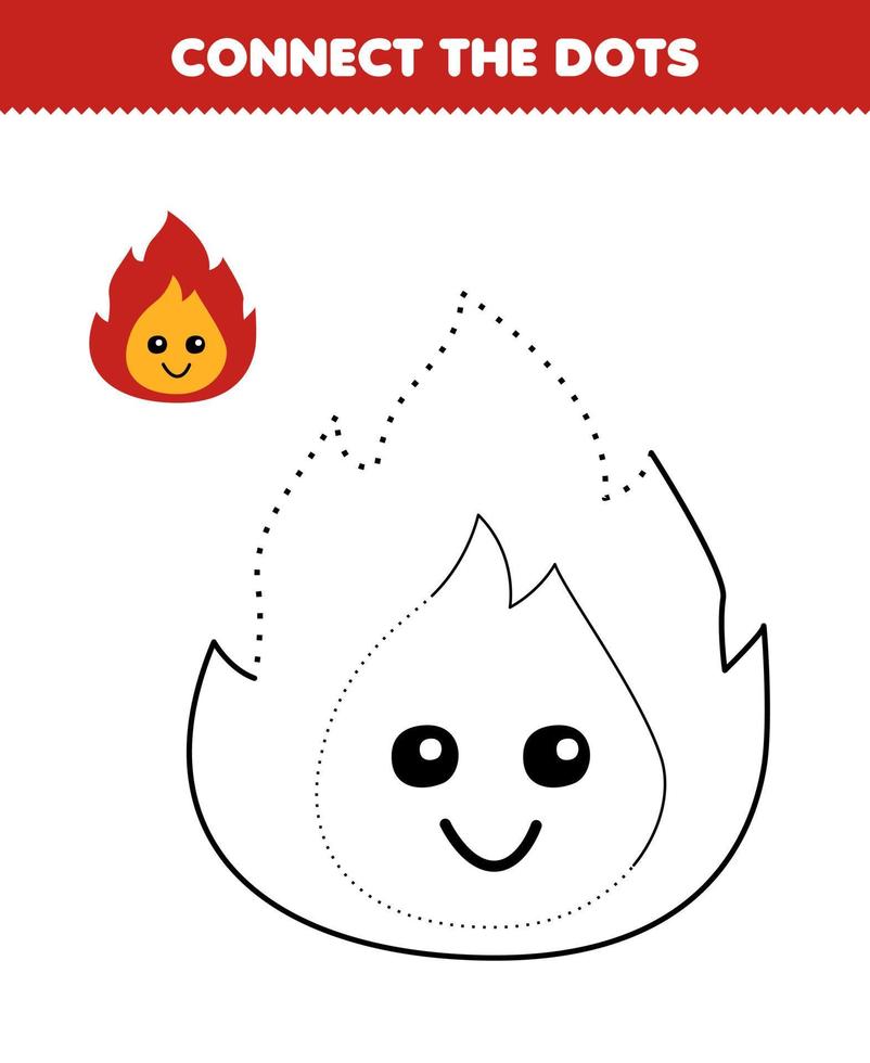 Education game for children connect the dots and coloring practice with cute cartoon fire printable nature worksheet vector