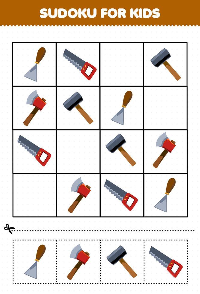 juego educativo para niños sudoku para niños con dibujos animados lindo cincel sierra hacha martillo herramienta imprimible hoja de trabajo vector