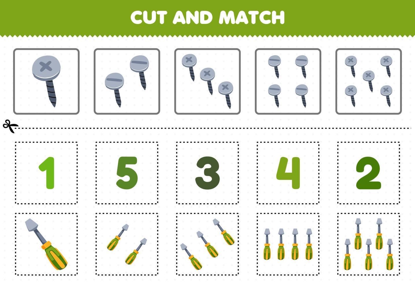 Education game for children cut and match the same number of cute cartoon screw and screwdriver printable tool worksheet vector