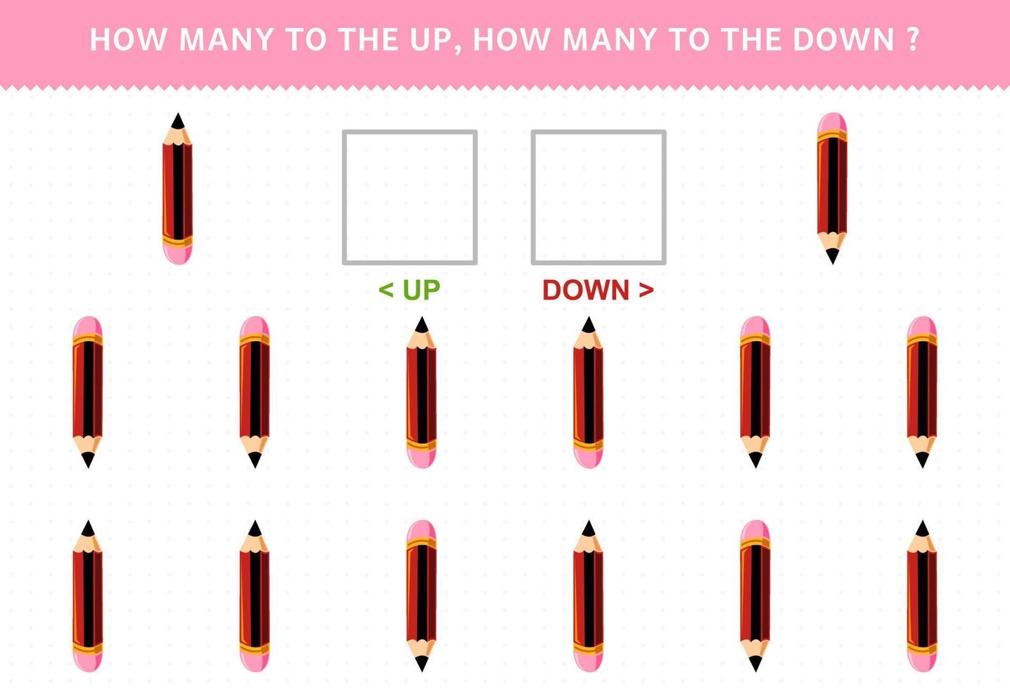 Education game for children counting how many up and down picture of cute cartoon pencil printable tool worksheet vector