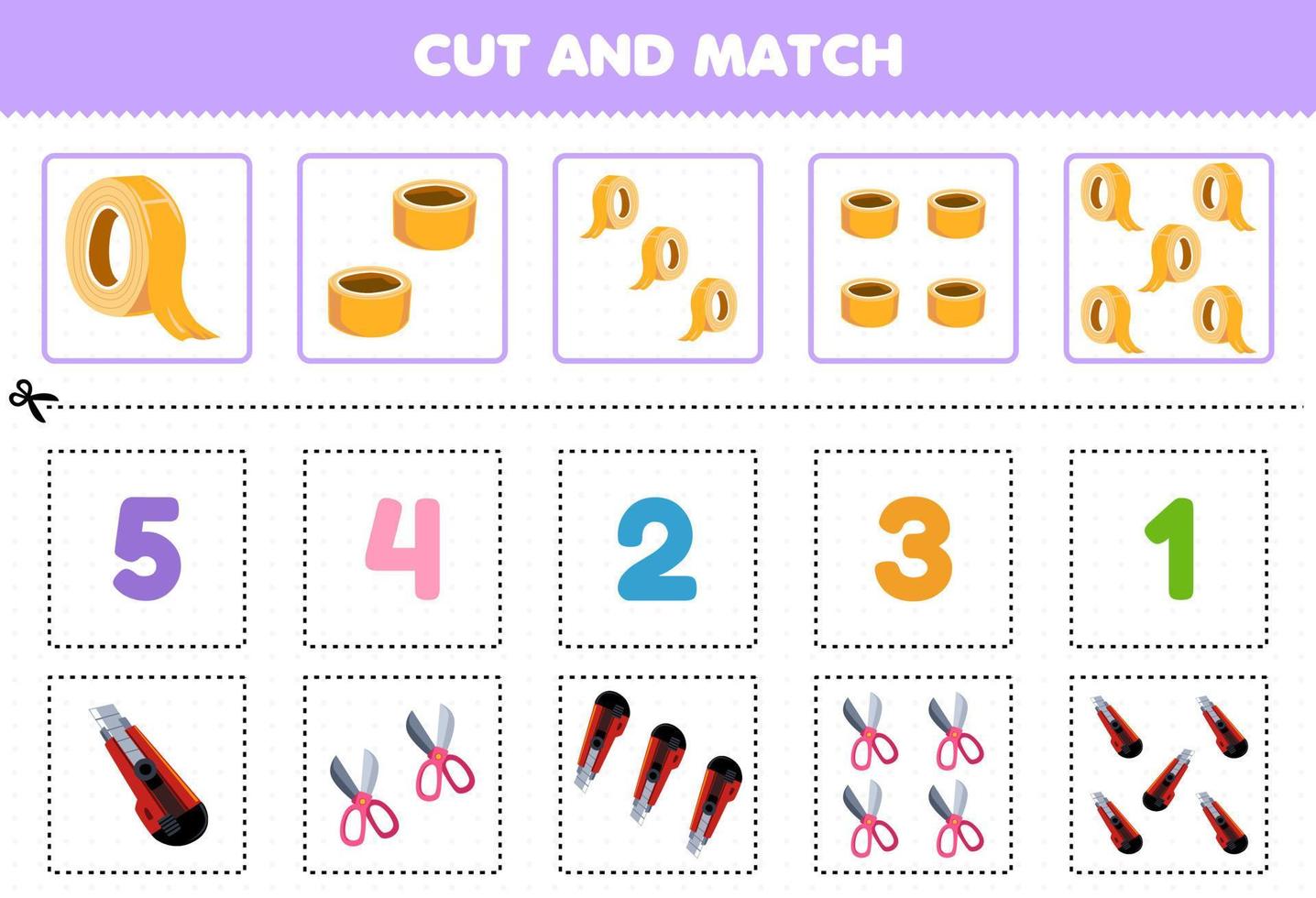 Education game for children cut and match the same number of cute cartoon cutter scissor and tape printable tool worksheet vector
