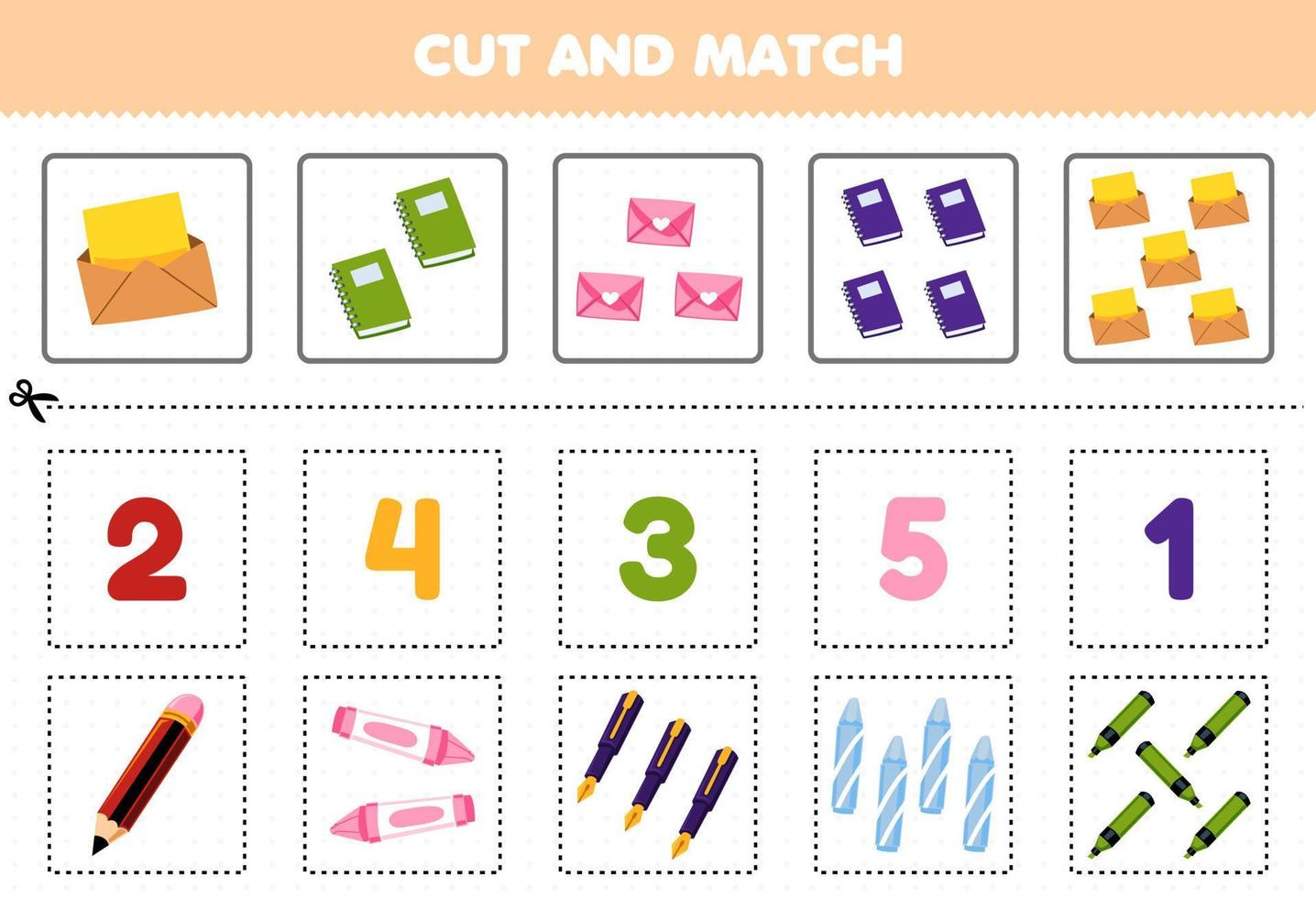 Education game for children cut and match the same number of cute cartoon book envelope pencil pen crayon and marker printable tool worksheet vector