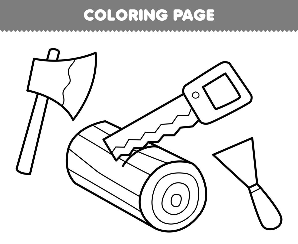 Education game for children coloring page of cute cartoon axe saw and chisel line art printable tool worksheet vector