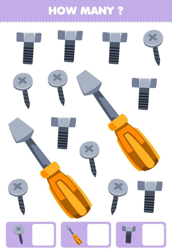Education game for children searching and counting how many objects of cute cartoon screw screwdriver bolt printable tool worksheet vector