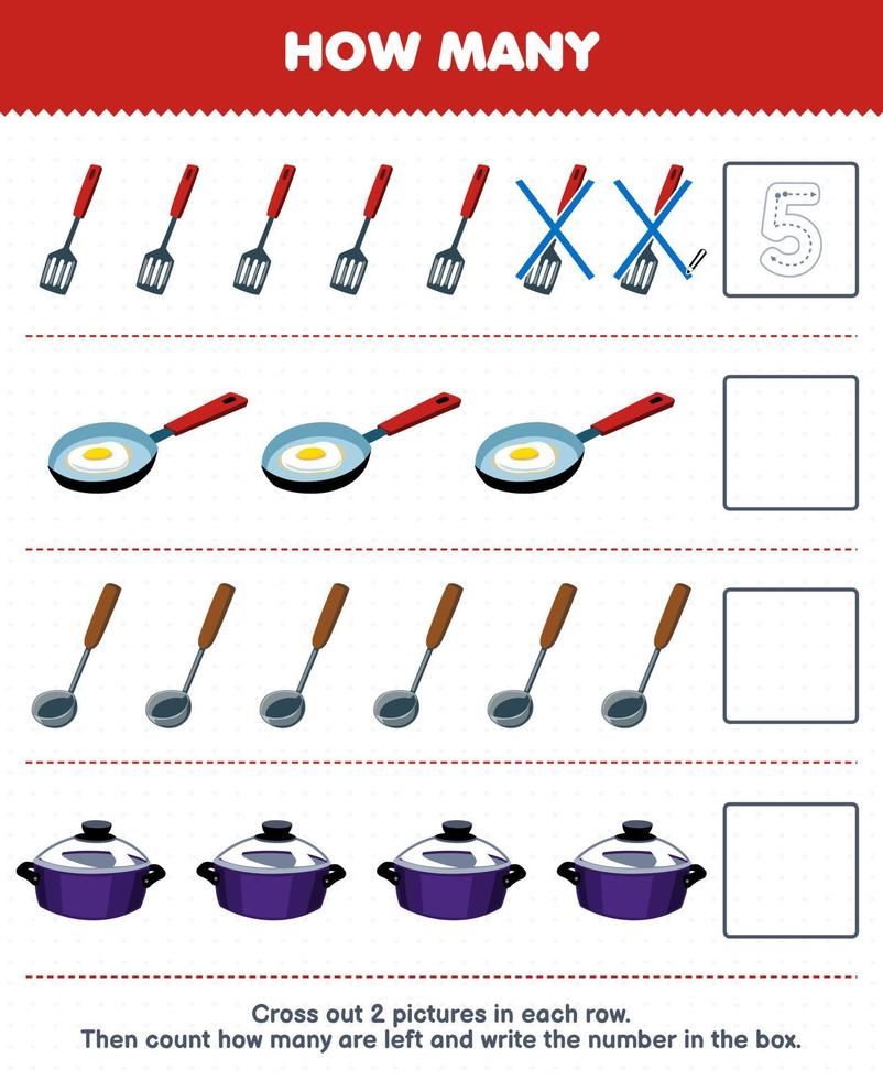 Education game for children count how many cute cartoon spatula frying pan ladle pot and write the number in the box printable tool worksheet vector