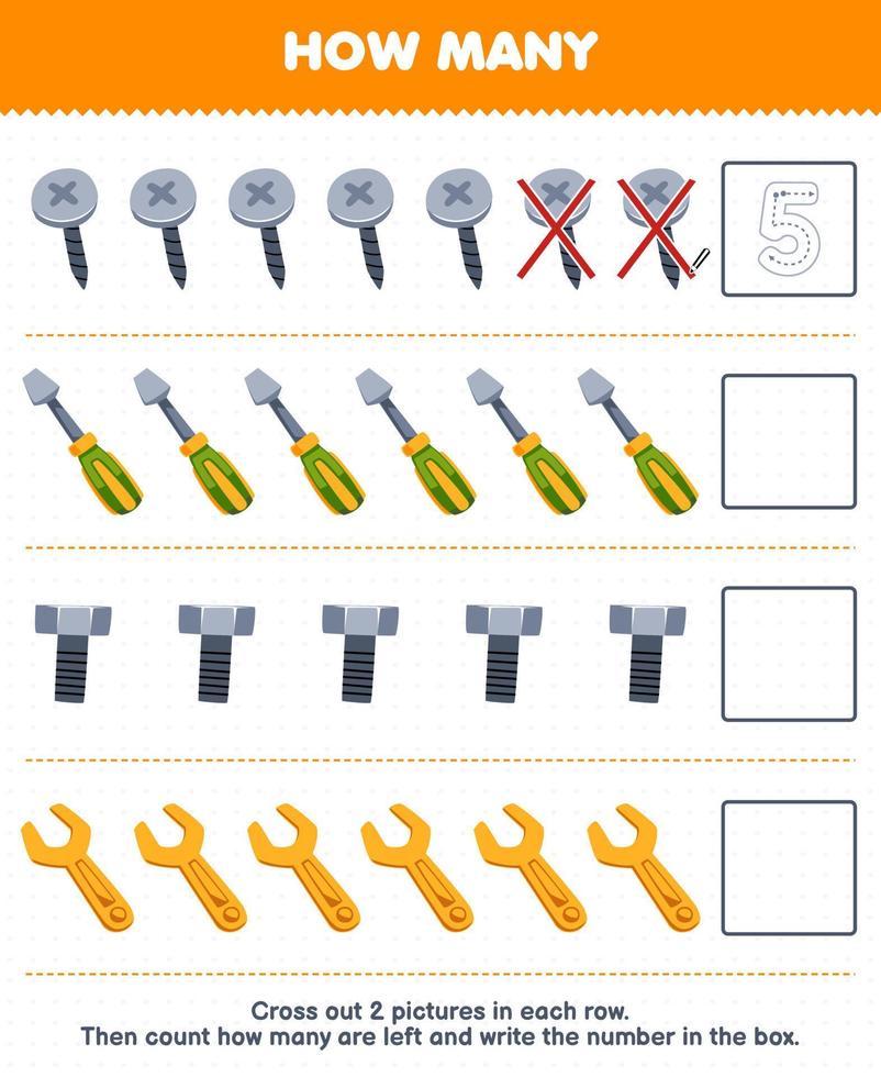 Education game for children count how many cute cartoon screw screwdriver bolt wrench and write the number in the box printable tool worksheet vector