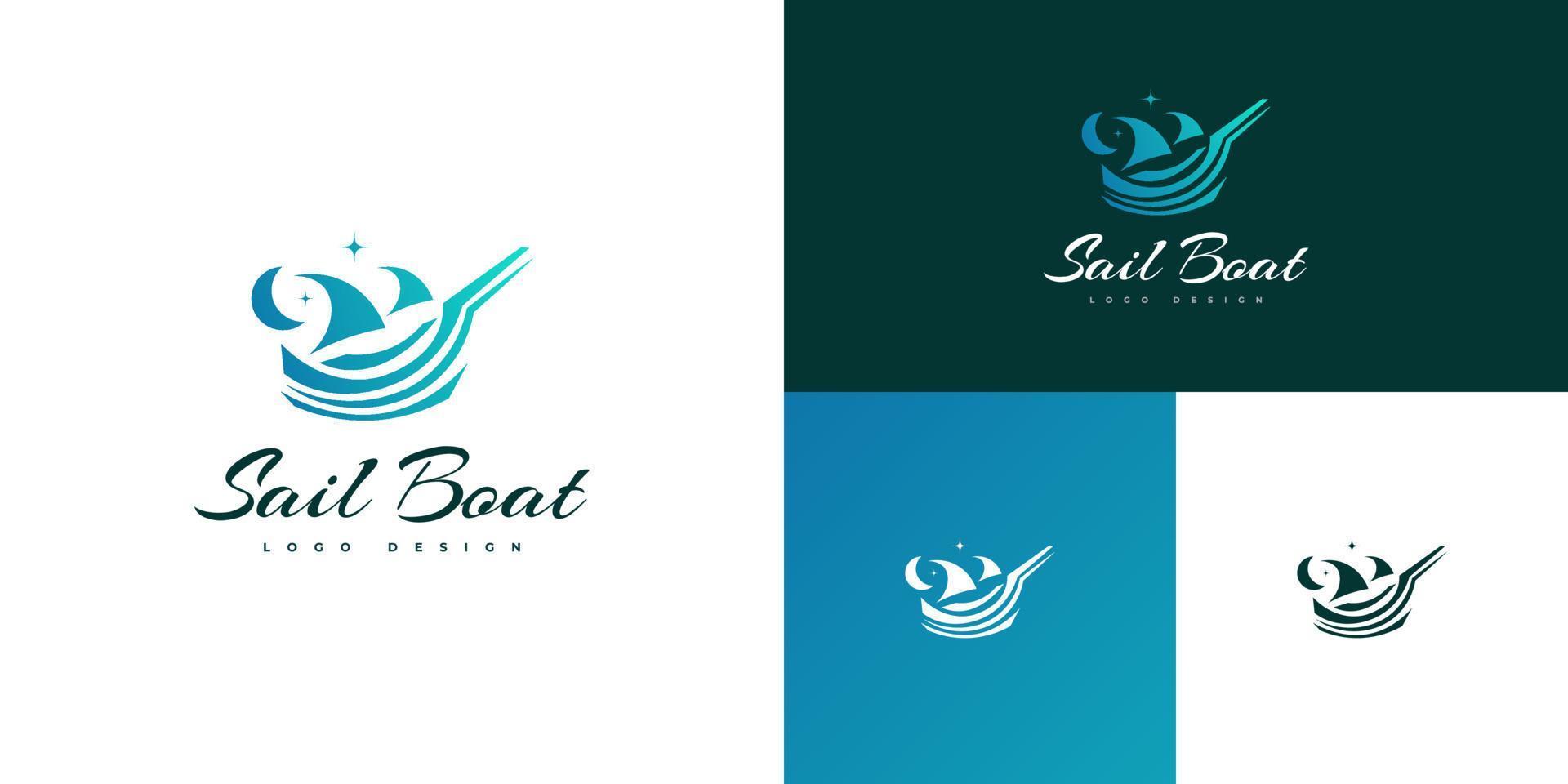 Blue Sailboat Logo with Crescent Moon and Stars. Ship Logo or Icon vector