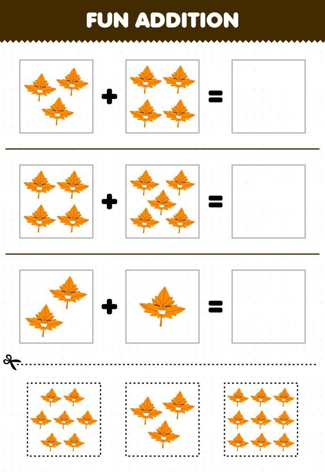 Education game for children fun addition by cut and match of cute cartoon maple leaf pictures for printable nature worksheet vector