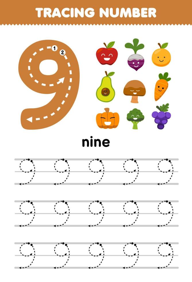 Education game for children tracing number nine with cute cartoon fruit and vegetable picture printable nature worksheet vector