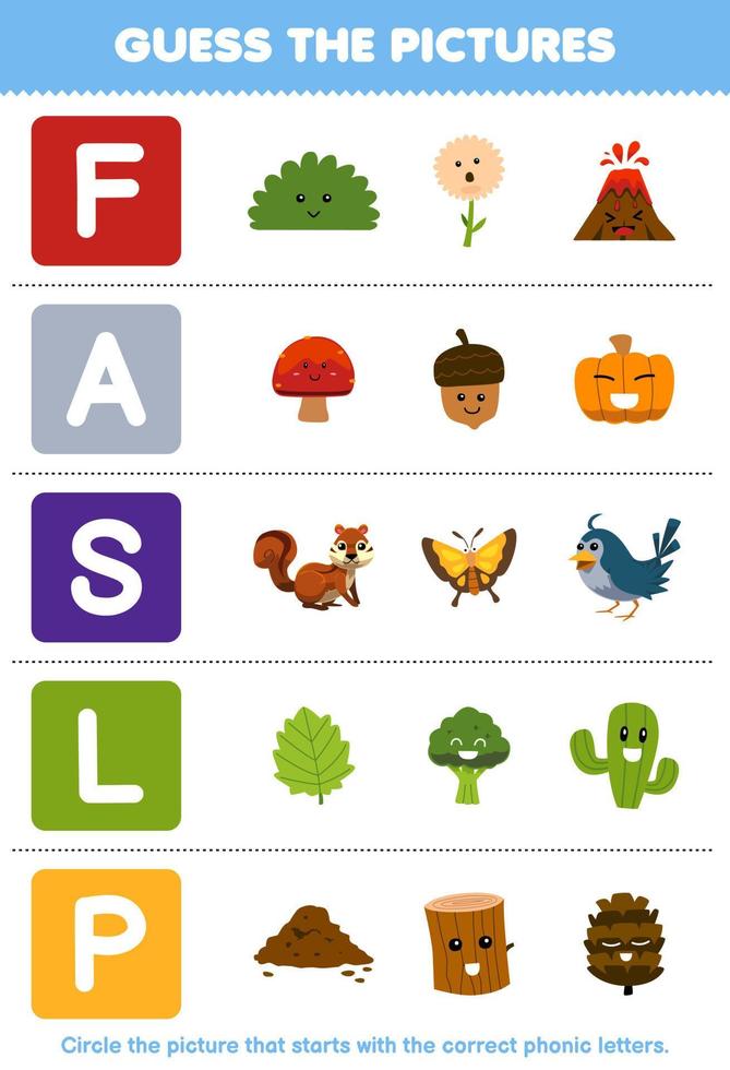 Education game for children guess the correct picture for phonic word that starts with letter F A S L and P printable nature worksheet vector