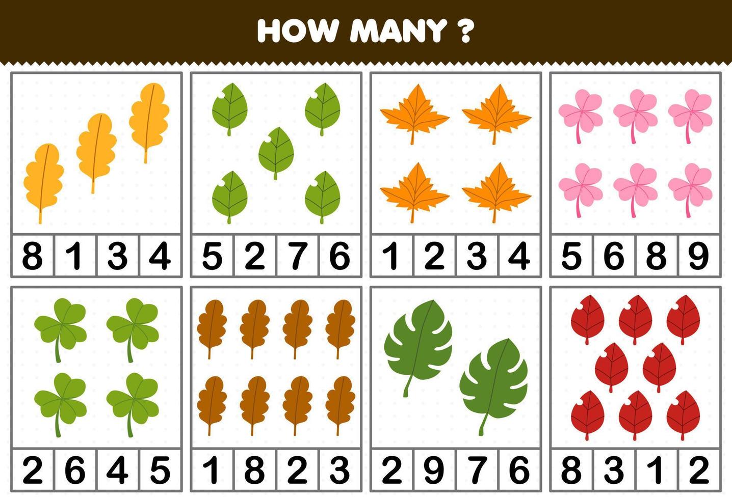 Education game for children counting how many cute cartoon leaf in each table printable nature worksheet vector