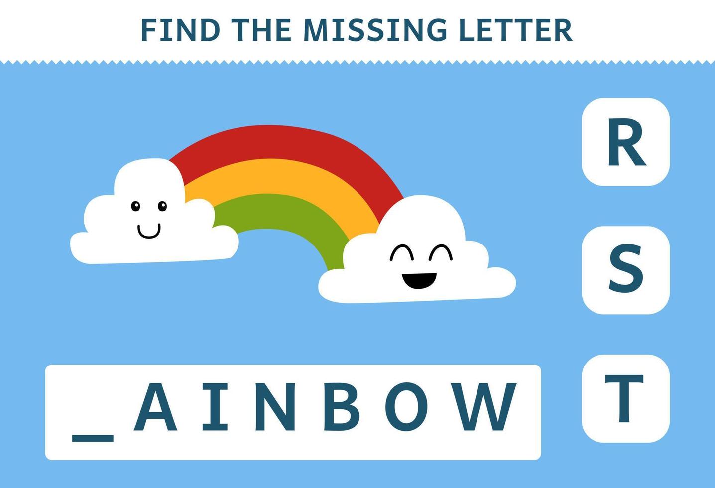 Education game for children find missing letter of cute cartoon rainbow printable nature worksheet vector