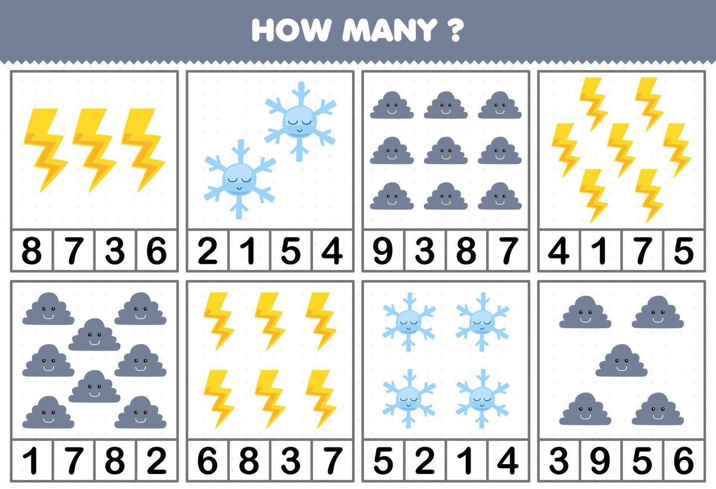 Education game for children counting how many cute cartoon snowflake thunder or cloud in each table printable nature worksheet vector