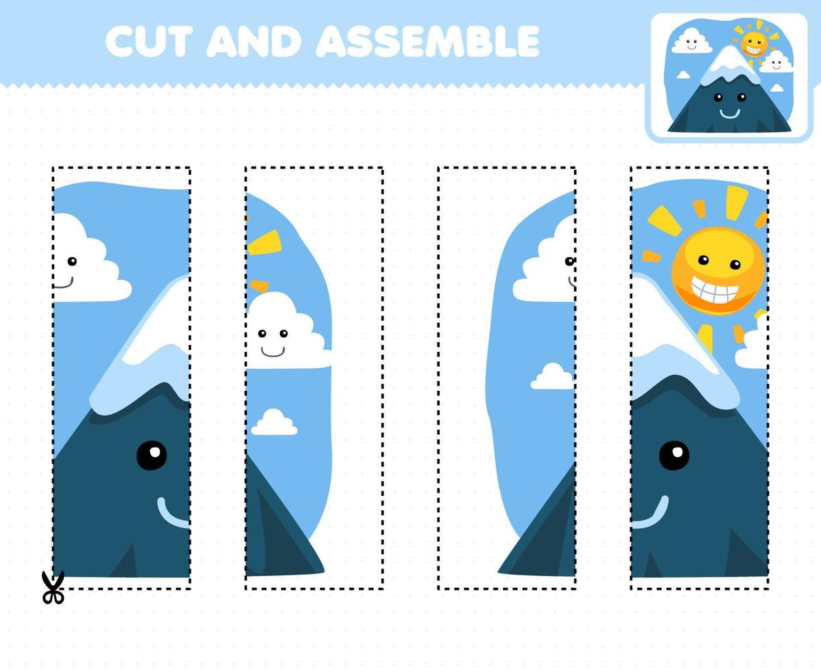 Education game for children cutting practice and assemble puzzle with cute cartoon mountain sun and cloud printable nature worksheet vector