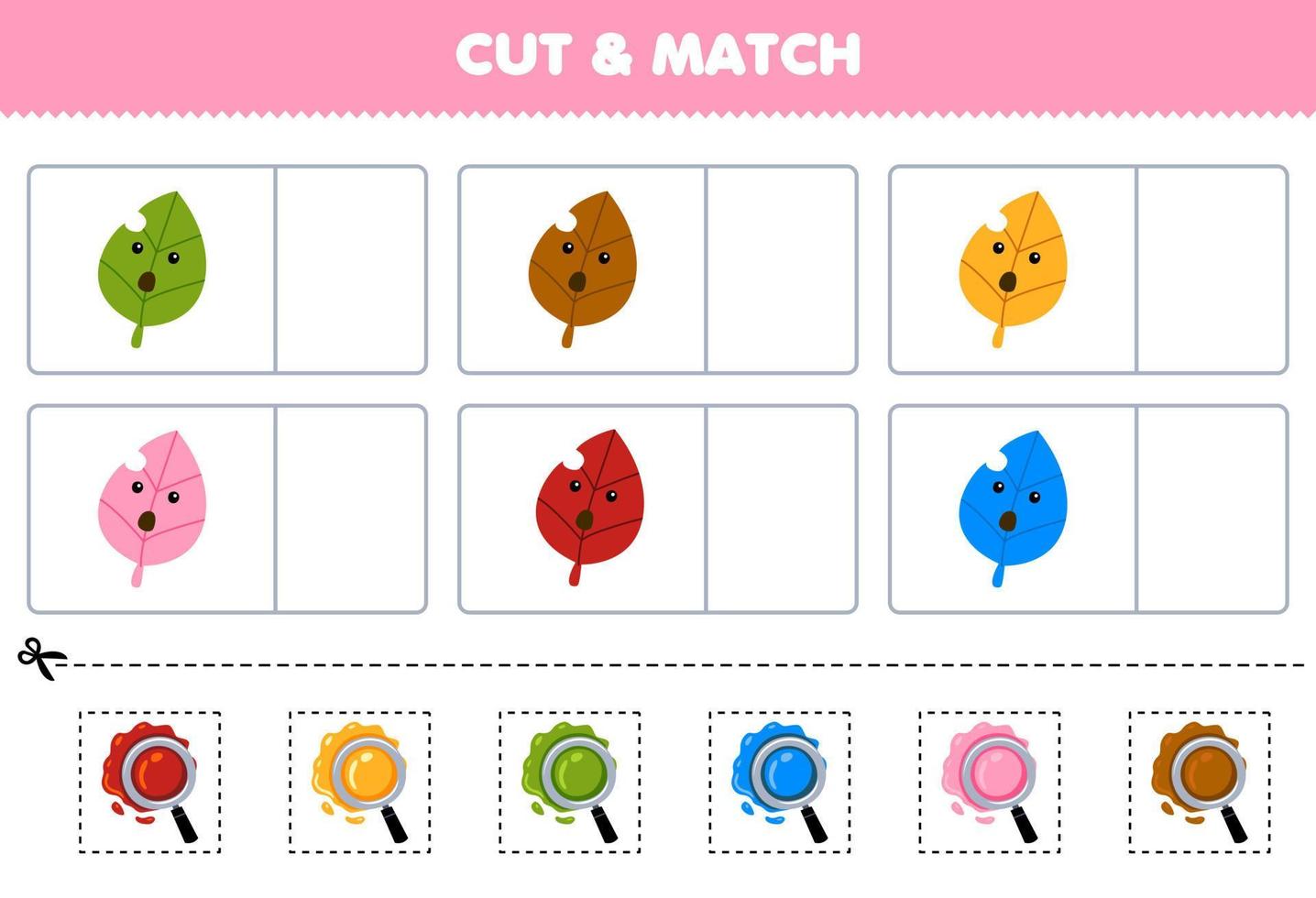 Education game for children cut and match the same color of cute cartoon leaf printable nature worksheet vector