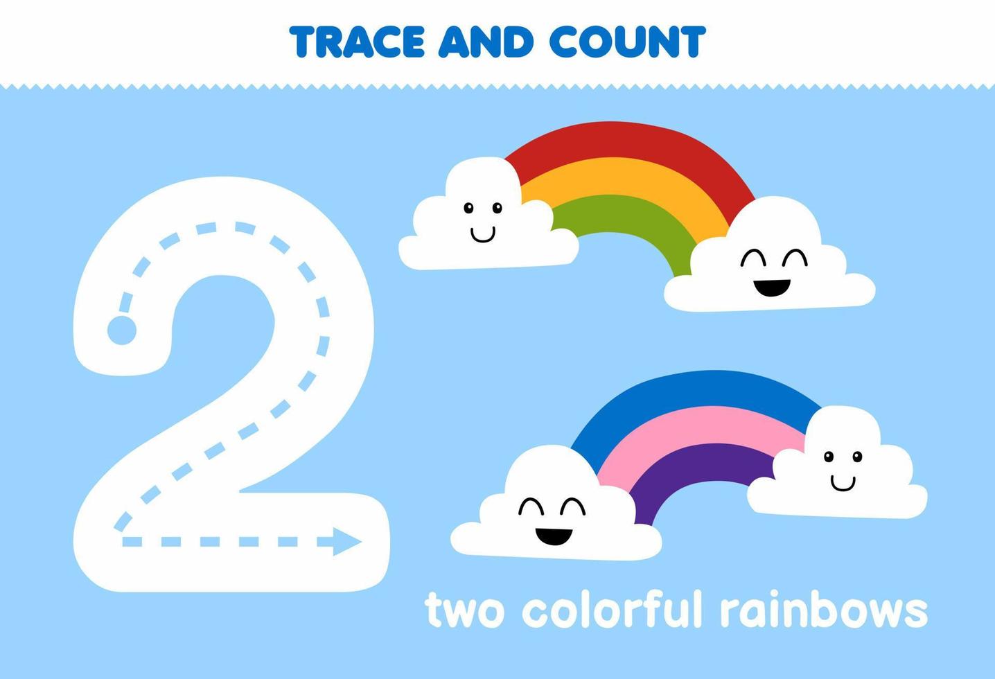 Education game for children tracing number two and counting of cute cartoon rainbow printable nature worksheet vector