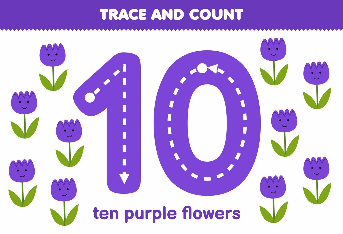 Education game for children tracing number ten and counting of cute cartoon purple flower printable nature worksheet vector