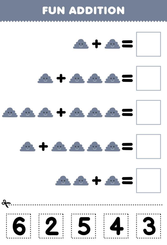 Education game for children fun addition by cut and match correct number for cute cartoon cloud printable nature worksheet vector