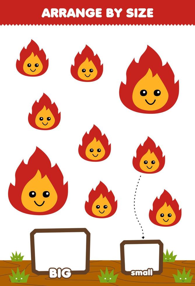 Education game for children arrange by size big or small put it in the gift box of cute cartoon fire printable nature worksheet vector