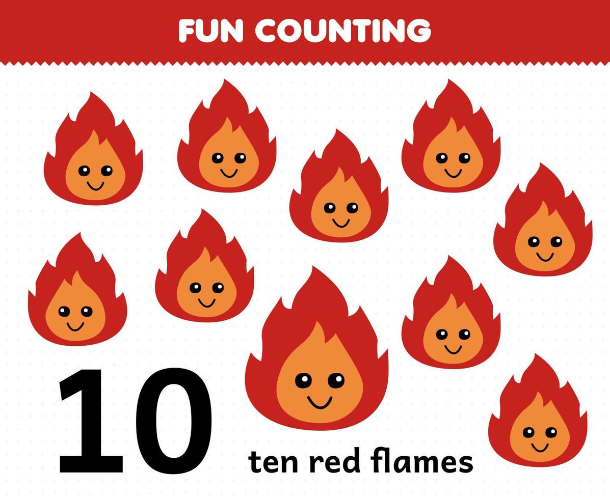juego educativo para niños diversión contando diez llamas rojas hoja de trabajo de naturaleza imprimible vector
