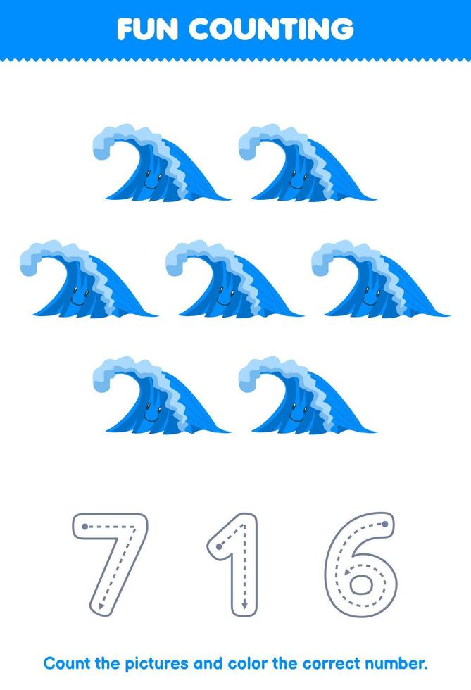 Education game for children count the pictures and color the correct number from cute cartoon wave printable nature worksheet vector