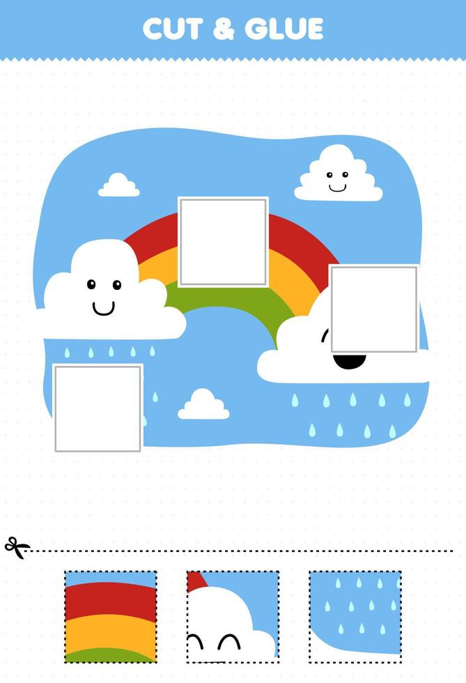 juego educativo para niños corte y pegue partes cortadas del lindo arco iris de dibujos animados detrás de la nube en el cielo y péguelas hoja de trabajo de naturaleza imprimible vector