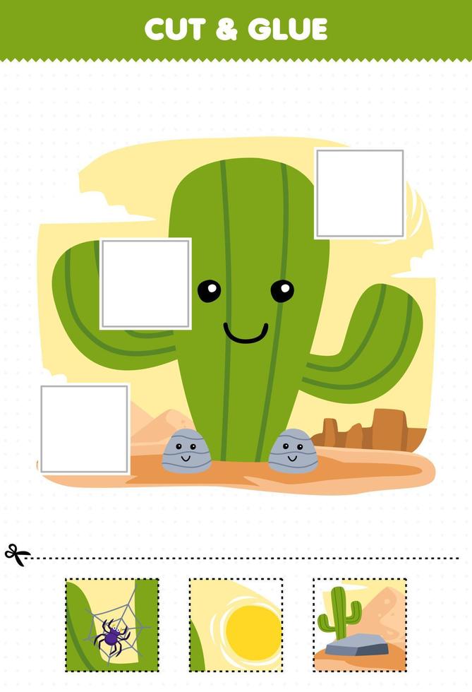 juego educativo para niños corta y pega partes cortadas de lindos cactus de dibujos animados en el desierto y pégalos hoja de trabajo de naturaleza imprimible vector