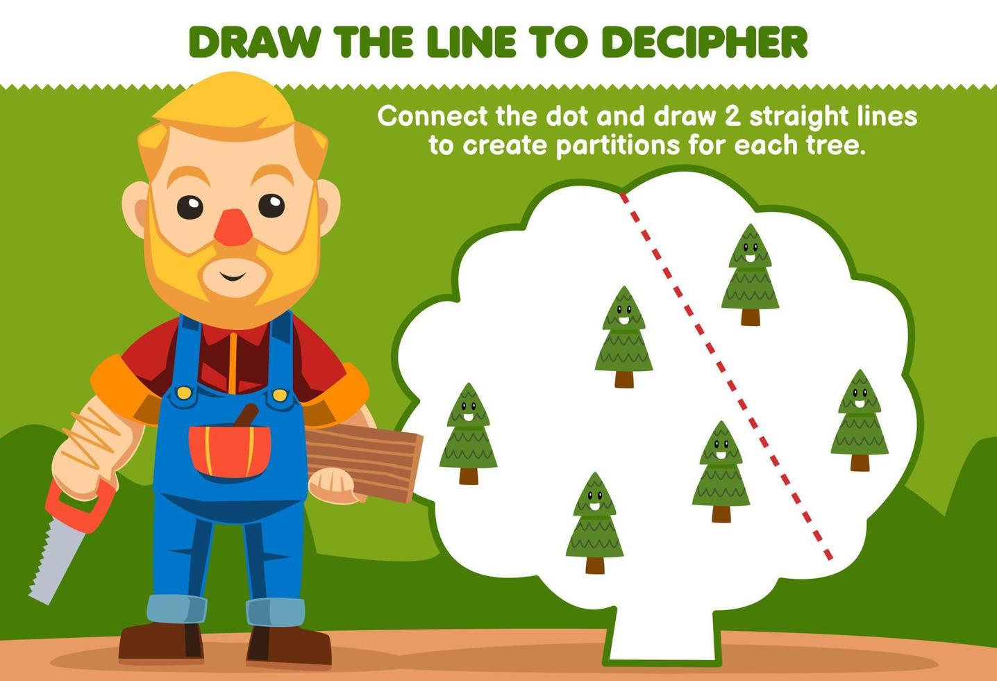 juego educativo para niños ayuda al carpintero a dibujar las líneas para separar el pino hoja de trabajo de naturaleza imprimible vector